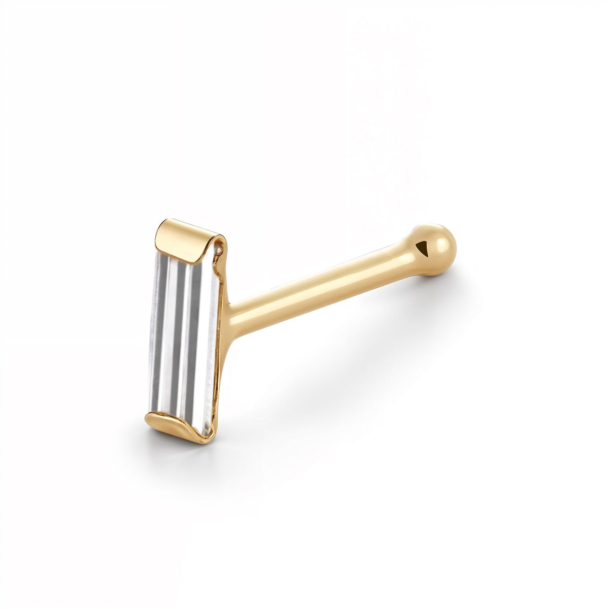 14K Yellow Gold Baguette CZ Nose Stud, 20 Gauge
