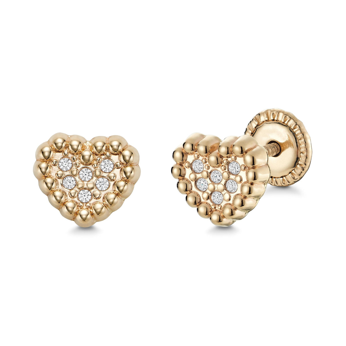 14K Yellow Gold Heart CZ Stud Earrings with Covered Screwbacks
