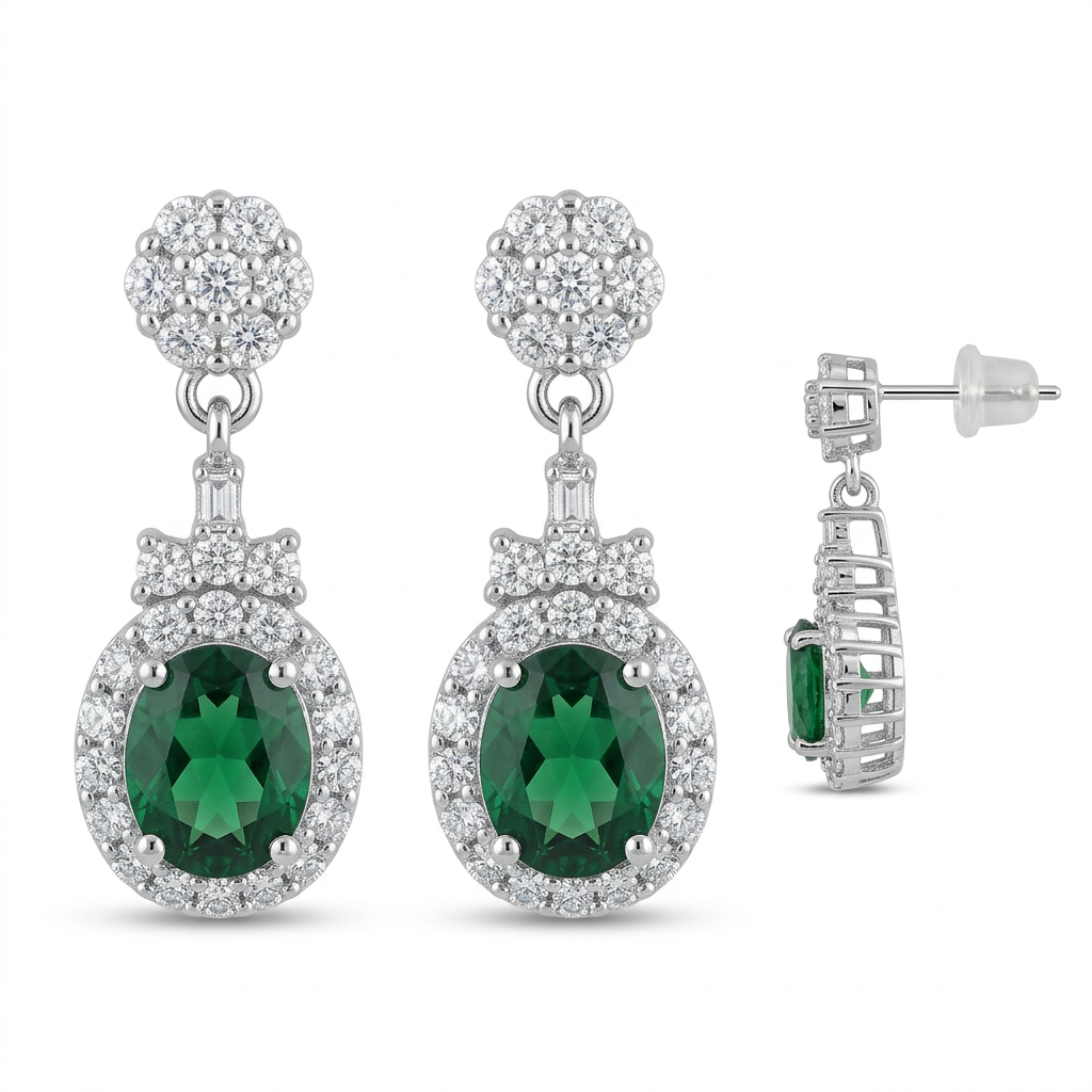 Sterling Silver Emerald-Green Oval Halo Drop Earrings with Rhodium Finish
