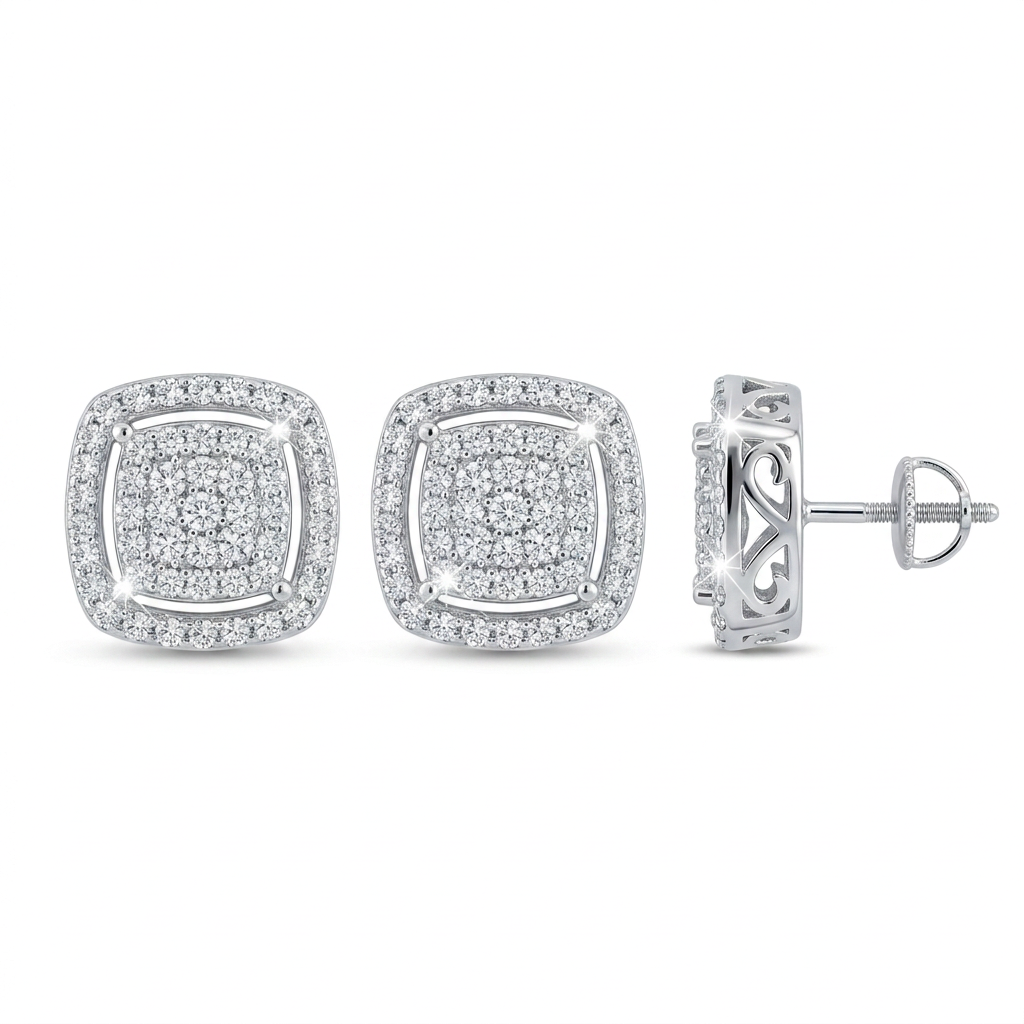 925 Sterling Silver Square CZ Stud Earrings with Rhodium Finish & Screw B