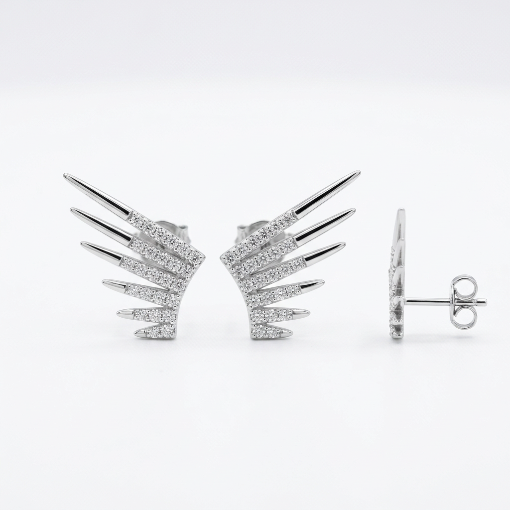 925 Sterling Silver Wing Stud Earrings with Rhodium Finish