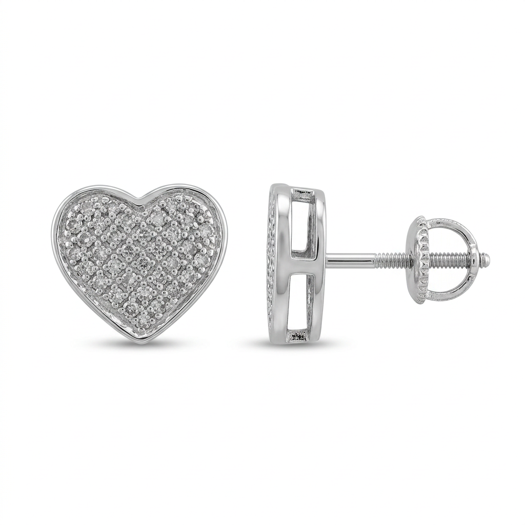 925 sterling silver CZ heart stud earrings shown from the front and side