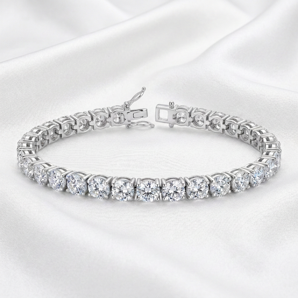 Rhodium-finished sterling silver CZ tennis bracelet on white satin with open clasp and safety latch