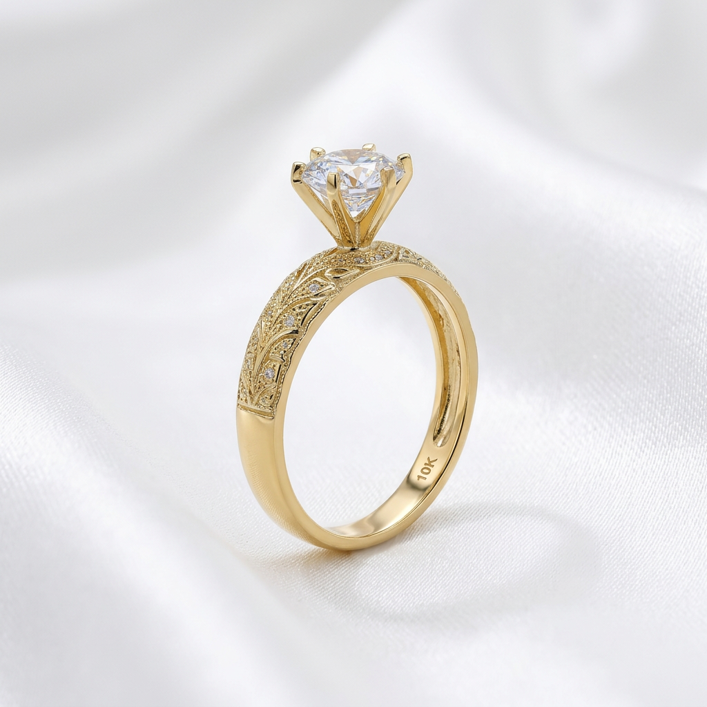 Gold CZ engagement ring side view on white satin