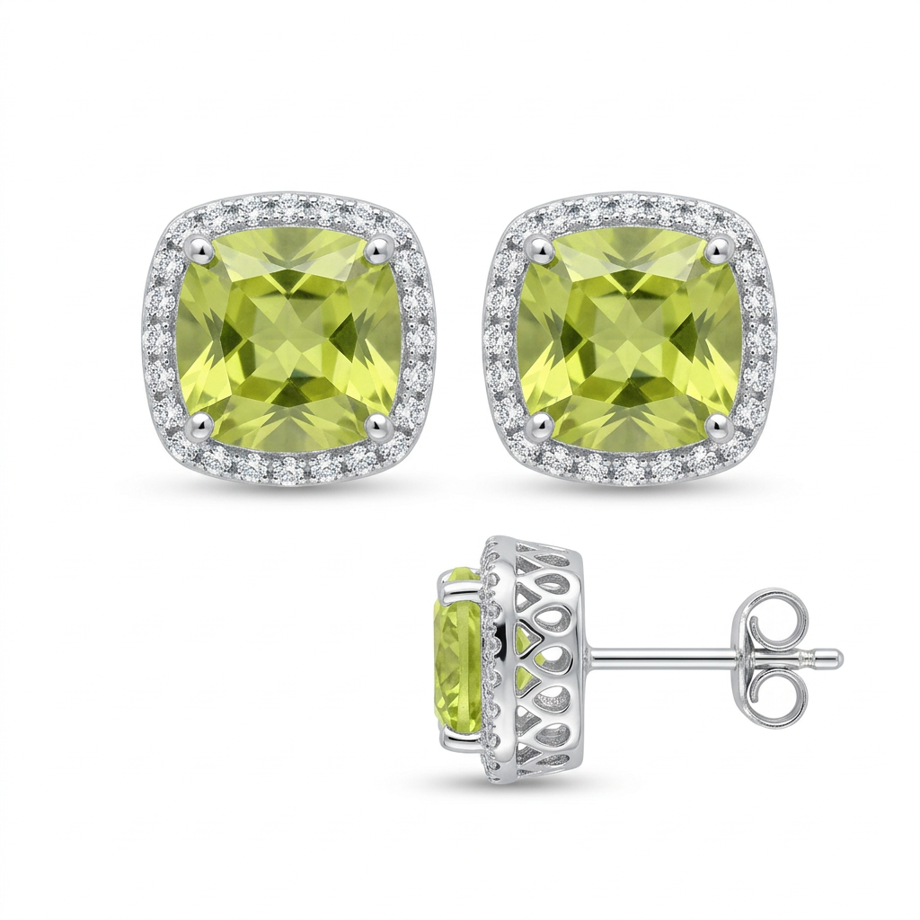 Sterling Silver Yellow-Green CZ Halo Stud Earrings with Rhodium Finish