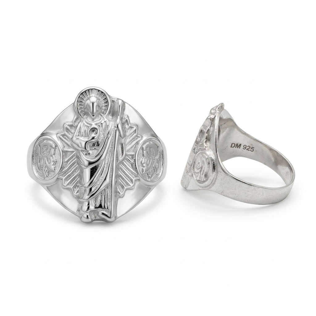 Front and side views of a 925 sterling silver religious statement ring on white