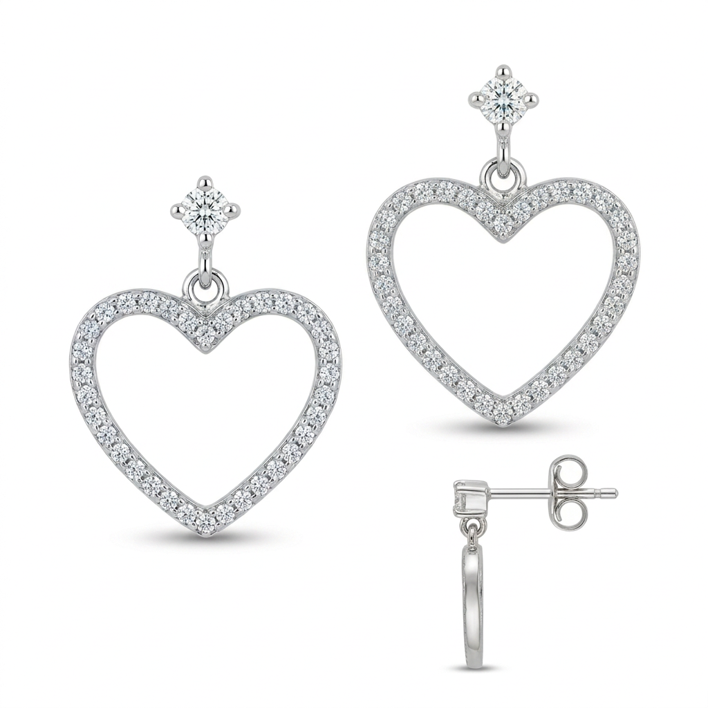 Sterling Silver CZ Open-Heart Drop Earrings