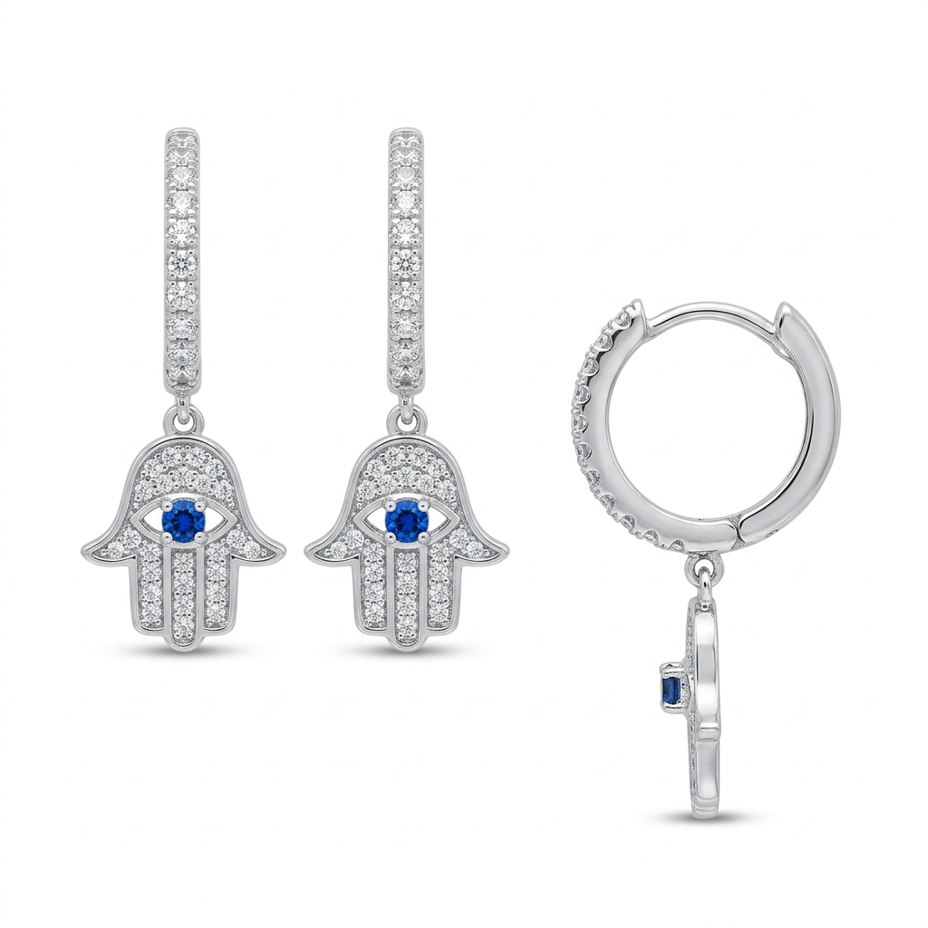 Sterling Silver CZ Hamsa Hoop Earrings with Rhodium Finish