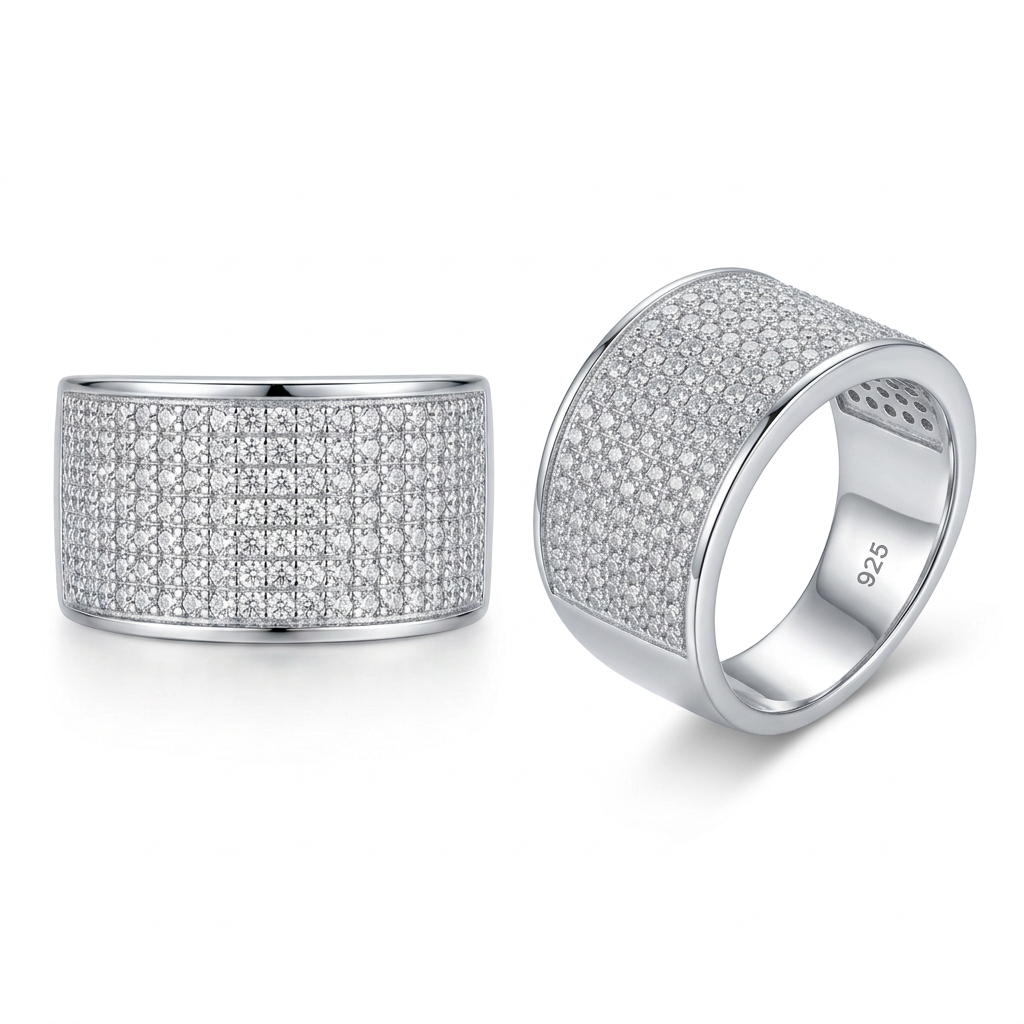 925 Sterling Silver CZ Wide Band Ring with Rhodium Finish