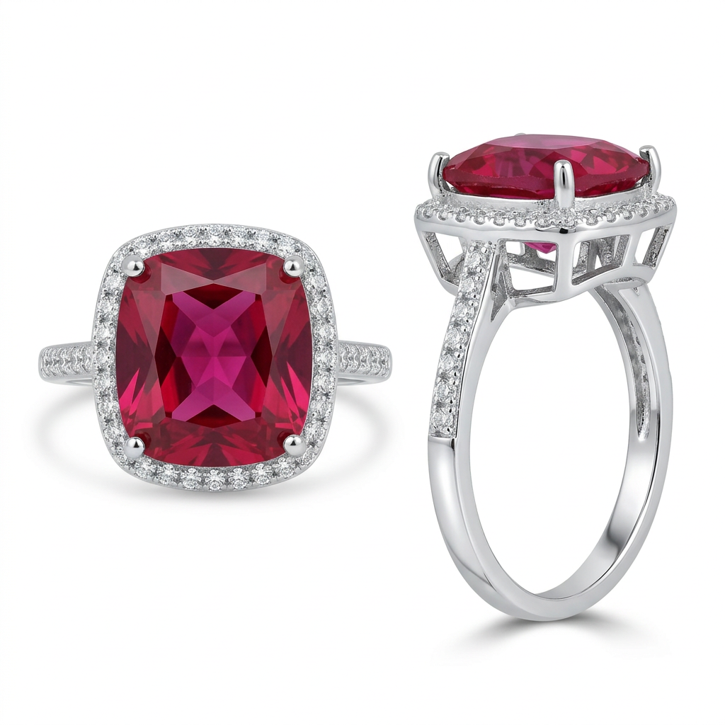 925 Sterling Silver Pink-Red Cushion CZ Halo Ring with Rhodium Finish