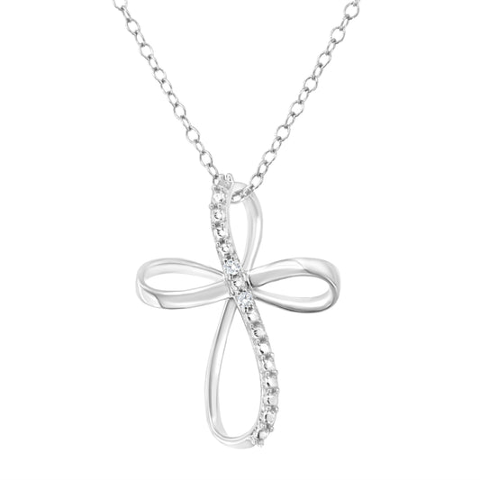 Diamond-Accent Ribbon Cross Pendant Necklace in Sterling Silver, 18″
