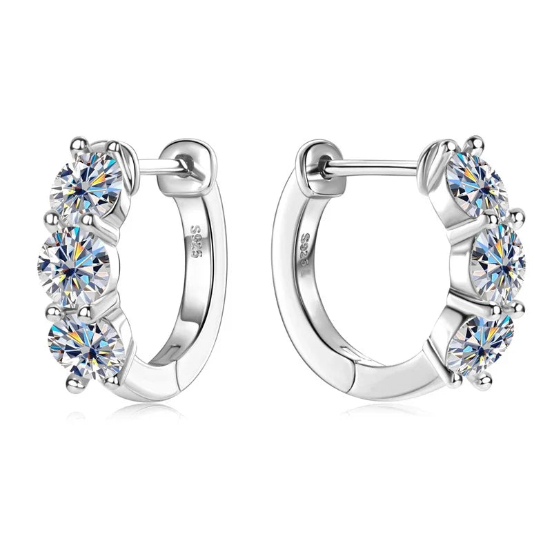 Three-Stone Moissanite Hoop Earrings in Sterling Silver