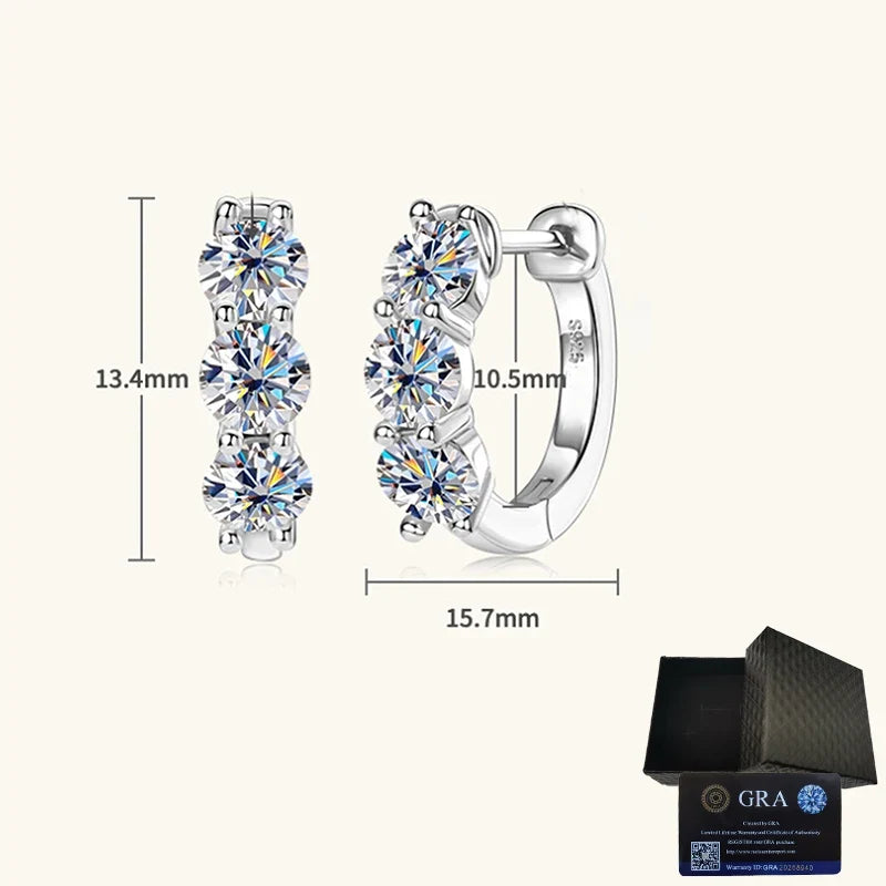 Three-Stone Moissanite Hoop Earrings in Sterling Silver