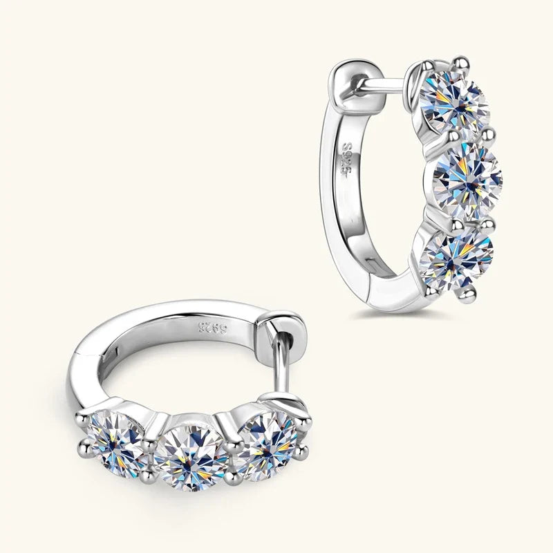 Three-Stone Moissanite Hoop Earrings in Sterling Silver