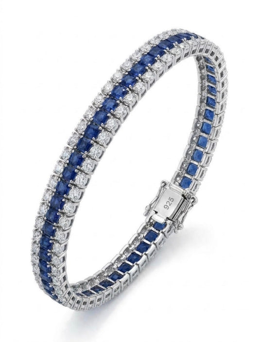 Royal Blue & Clear CZ Tennis Bracelet in Rhodium-Plated Sterling Silver