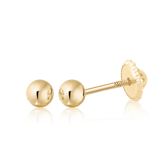 Solid Gold Ball Stud Earrings with Covered Screwbacks, 3–5 mm