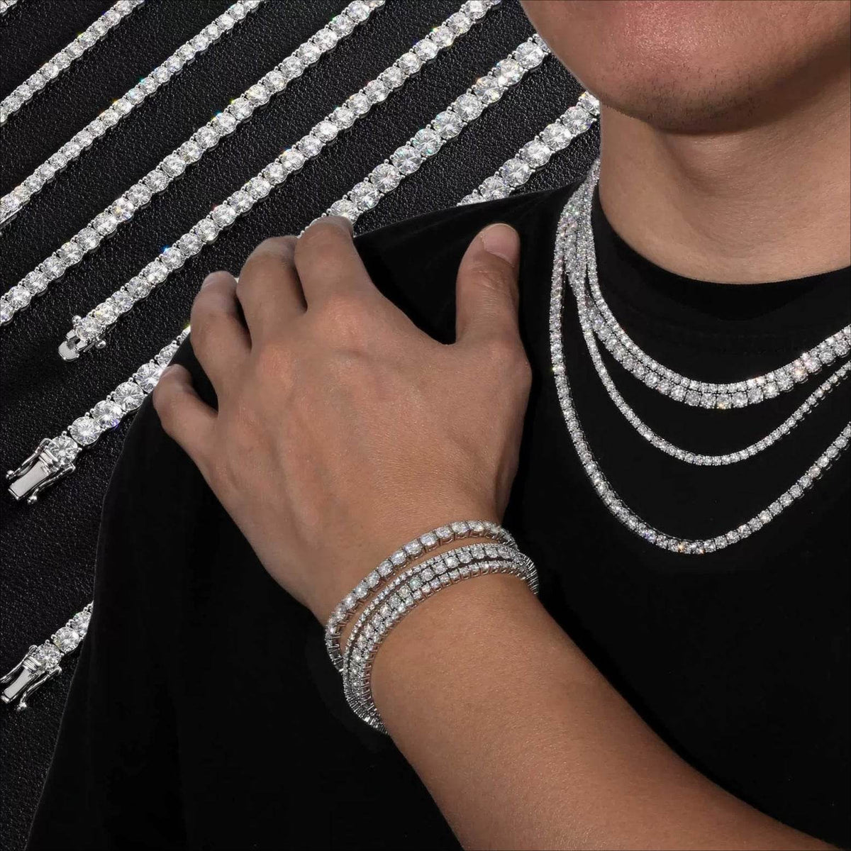 Round Moissanite Tennis Necklace & Bracelet in 14K White Gold-Plated Sterling Silver