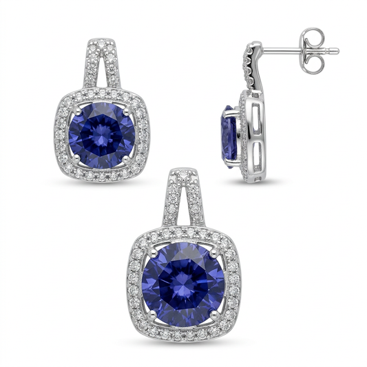 Blue-Purple CZ Halo Pendant & Earring Set in Sterling Silver