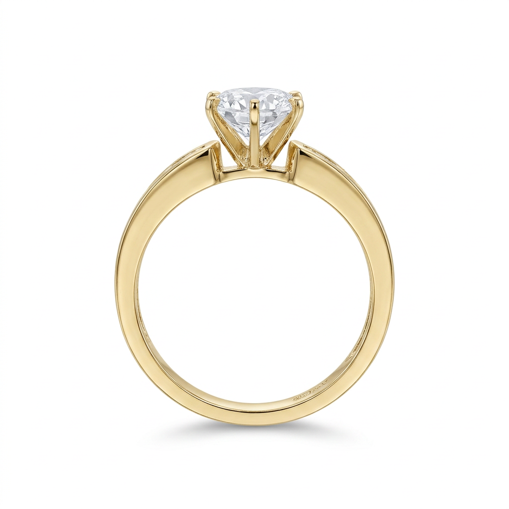 Side profile of solitaire ring on white background