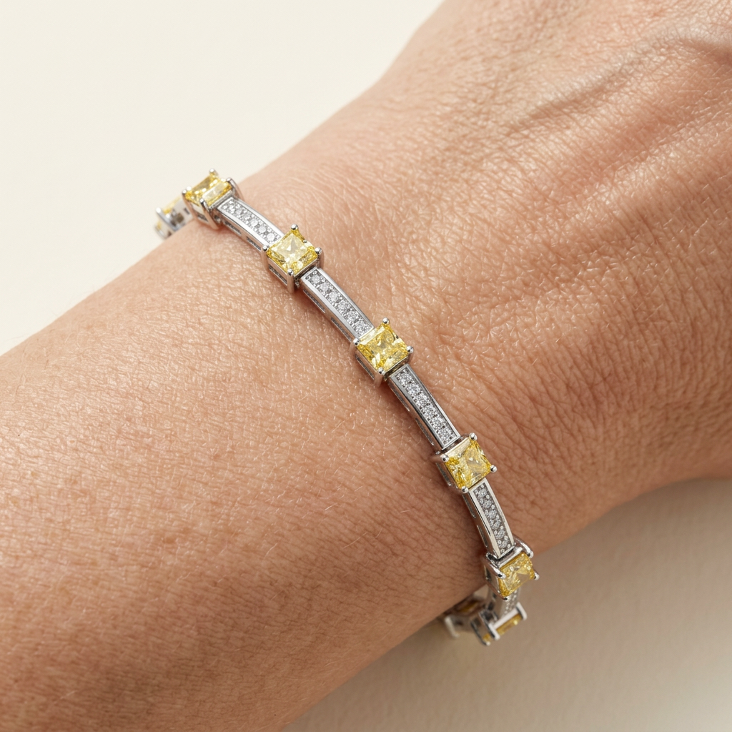 Yellow & Clear CZ Station Bracelet in Rhodium-Plated Sterling Silver