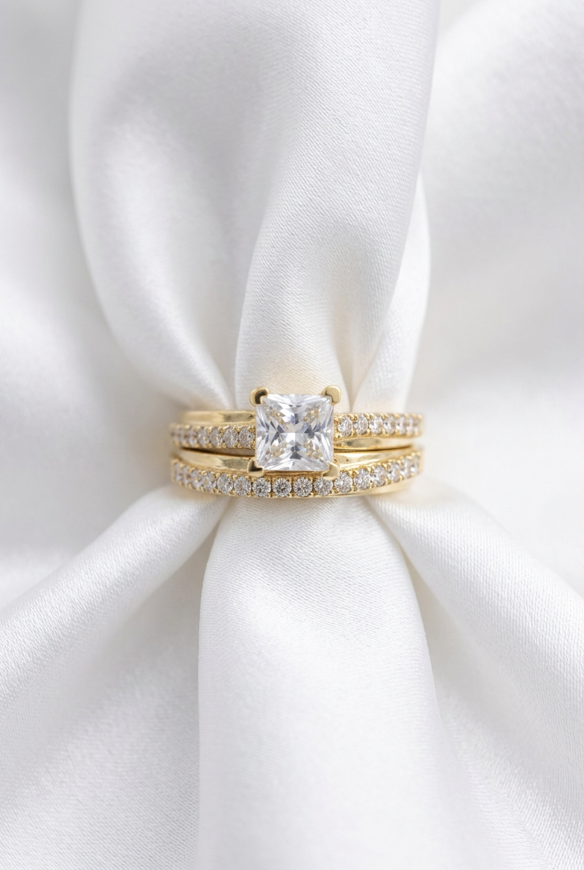 Ring set on white satin, first view