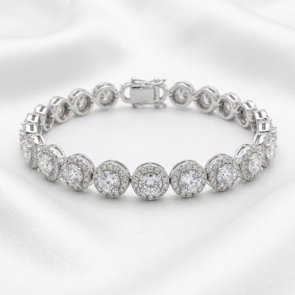 Rhodium-plated sterling silver CZ cluster bracelet on white satin