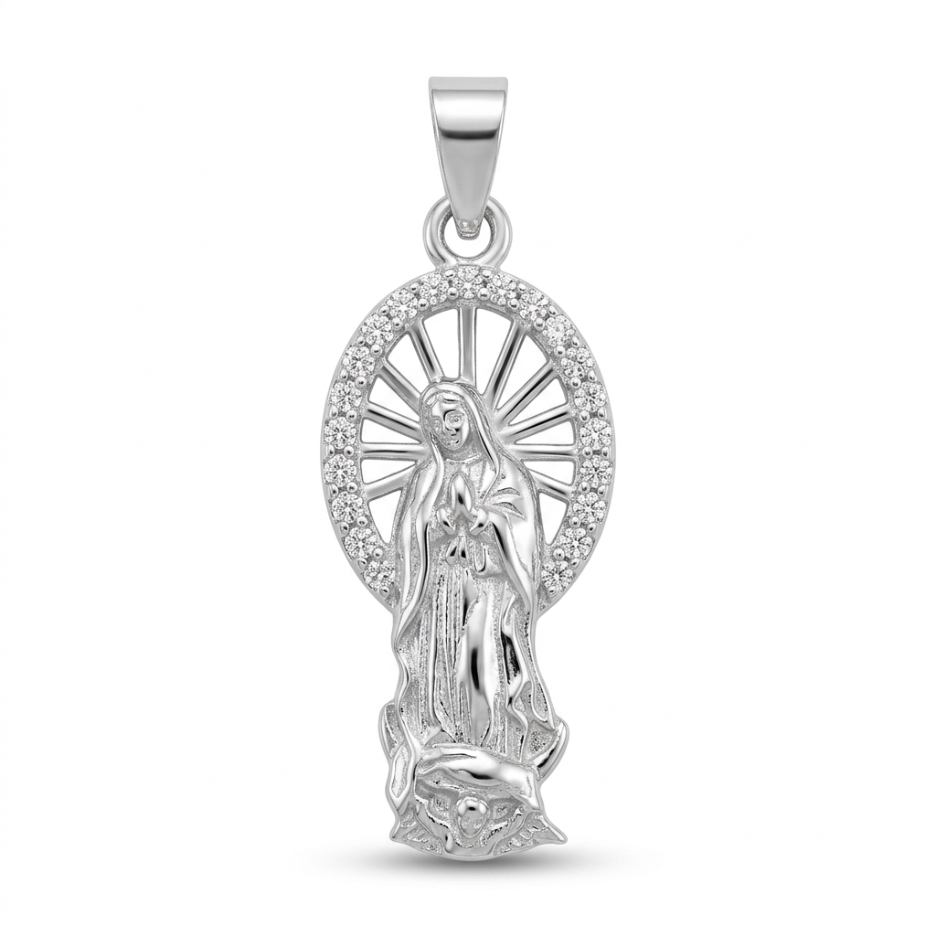 Virgin Mary Pendant in 925 Sterling Silver with Rhodium Finish