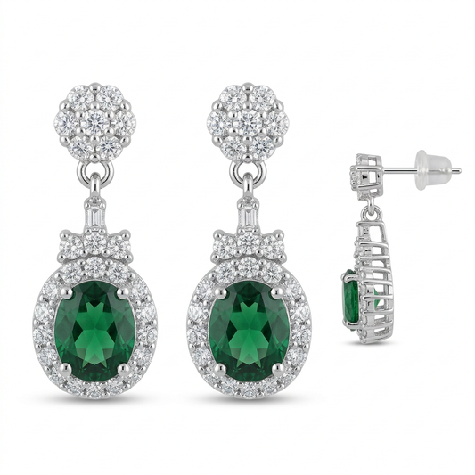 Sterling Silver Emerald-Green Oval Halo Drop Earrings with Rhodium Finish