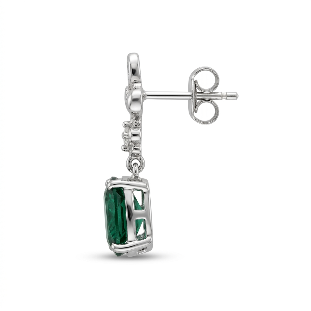 Green CZ Fleur-de-Lis Pendant & Earring Set in Rhodium-Finished 925 Sterling Silver