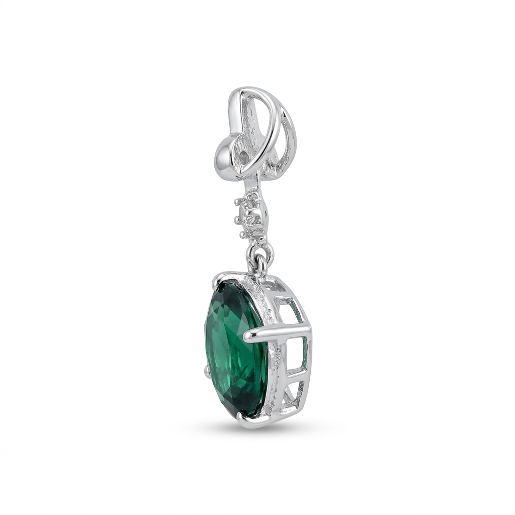 Green CZ Fleur-de-Lis Pendant & Earring Set in Rhodium-Finished 925 Sterling Silver
