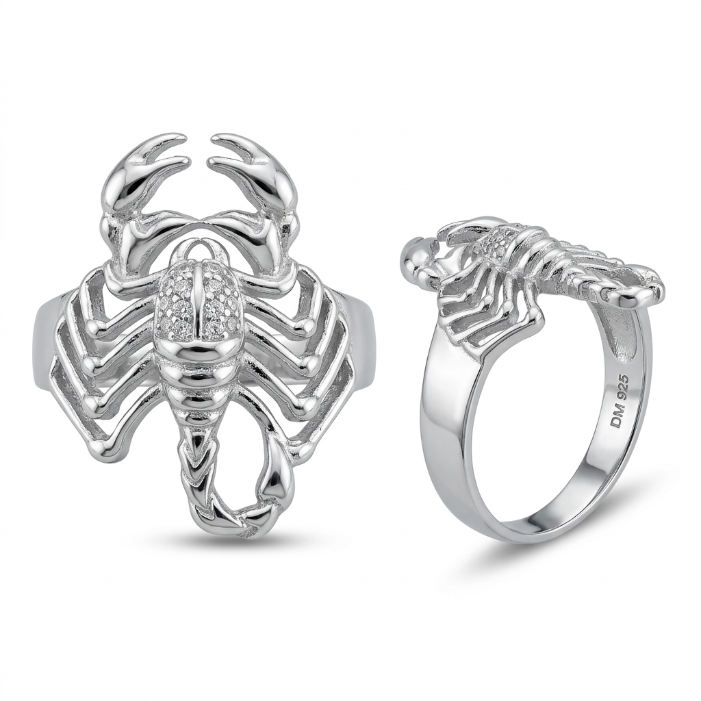 Front and side views of sterling silver CZ scorpion ring with rhodium finish