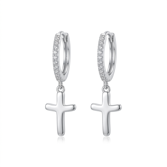 925 Sterling Silver CZ Cross Drop Hoop Earrings with Rhodium Finish