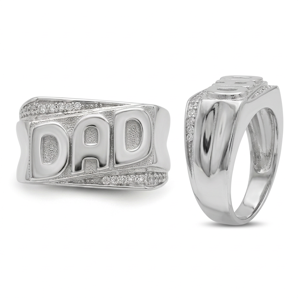 Front and side views of sterling silver CZ DAD ring with rhodium finish