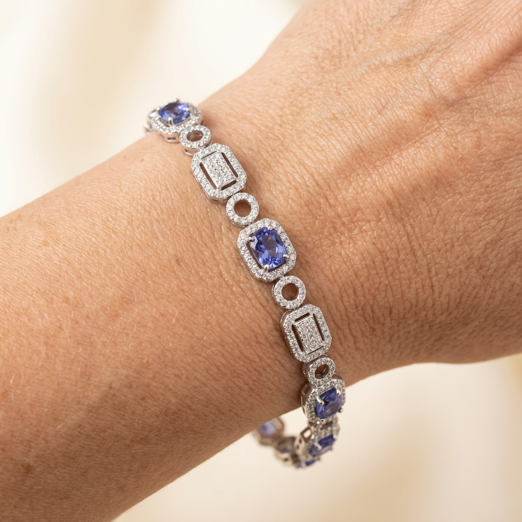 Blue-Violet Halo Link Bracelet in Rhodium-Plated Sterling Silver – M&R ...