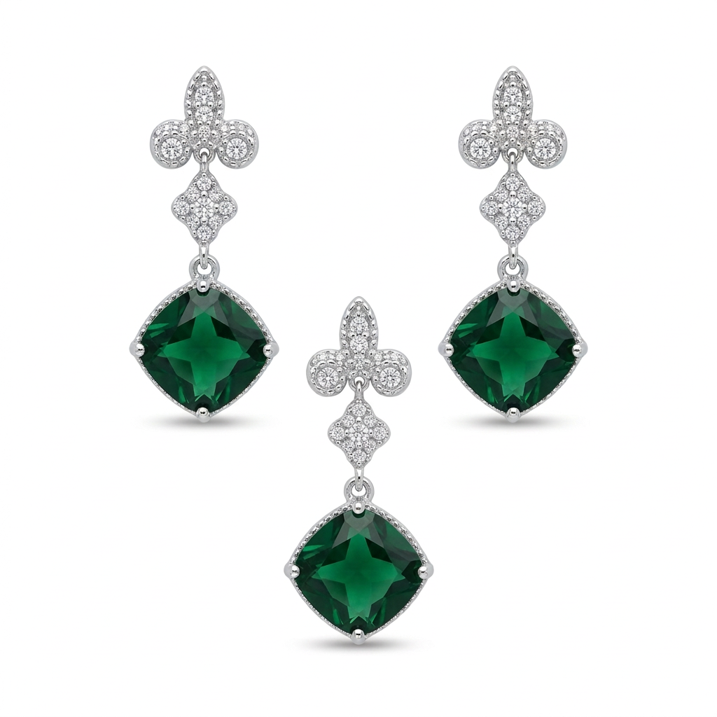 Green CZ Fleur-de-Lis Pendant & Earring Set in Rhodium-Finished 925 Sterling Silver