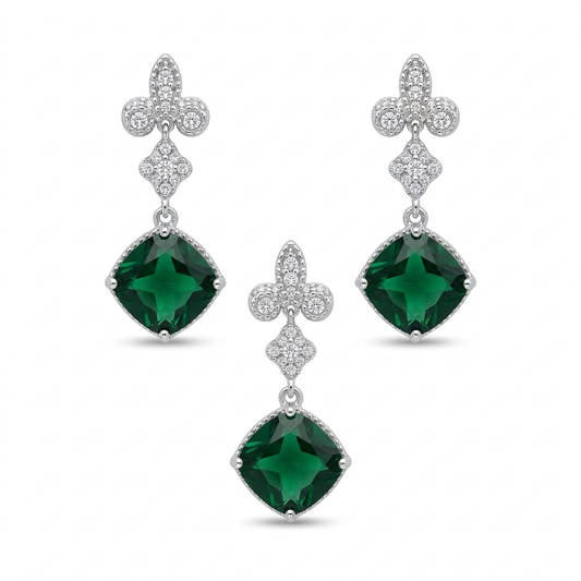 Green CZ Fleur-de-Lis Pendant & Earring Set in Rhodium-Finished 925 Sterling Silver