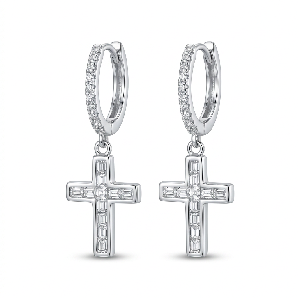 925 Sterling Silver Rectangular CZ Cross Drop Hoop Earrings with Rhodium Finish