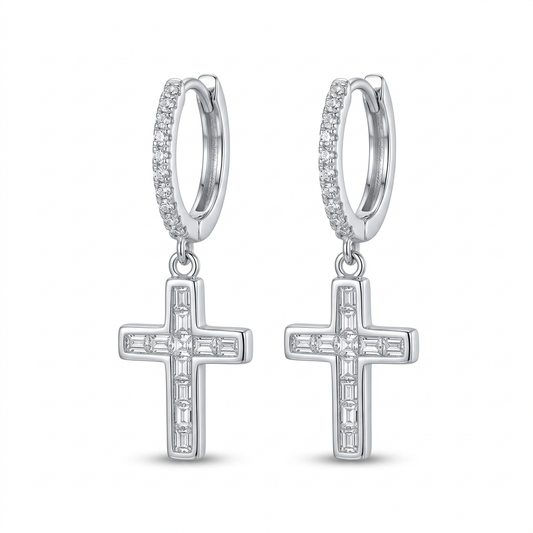 925 Sterling Silver Rectangular CZ Cross Drop Hoop Earrings with Rhodium Finish