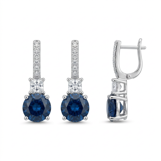 925 Sterling Silver Sapphire-Blue CZ Drop Earrings with Rhodium Finish