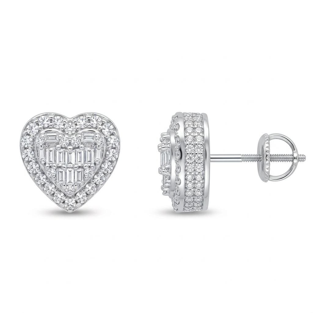 925 Sterling Silver Heart Stud Earrings with Rhodium Finish & Screw Backs