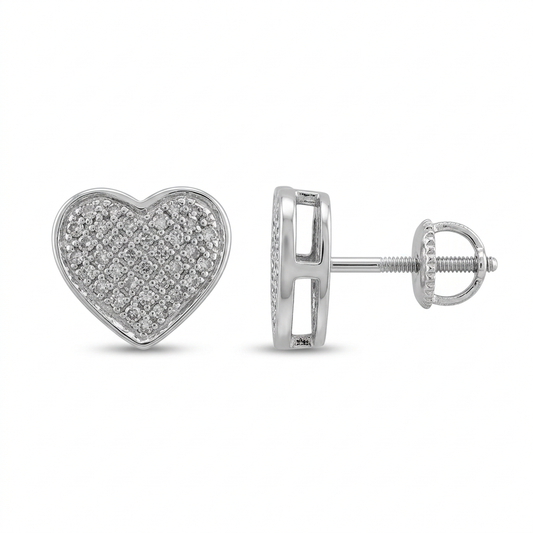 925 sterling silver CZ heart stud earrings shown from the front and side