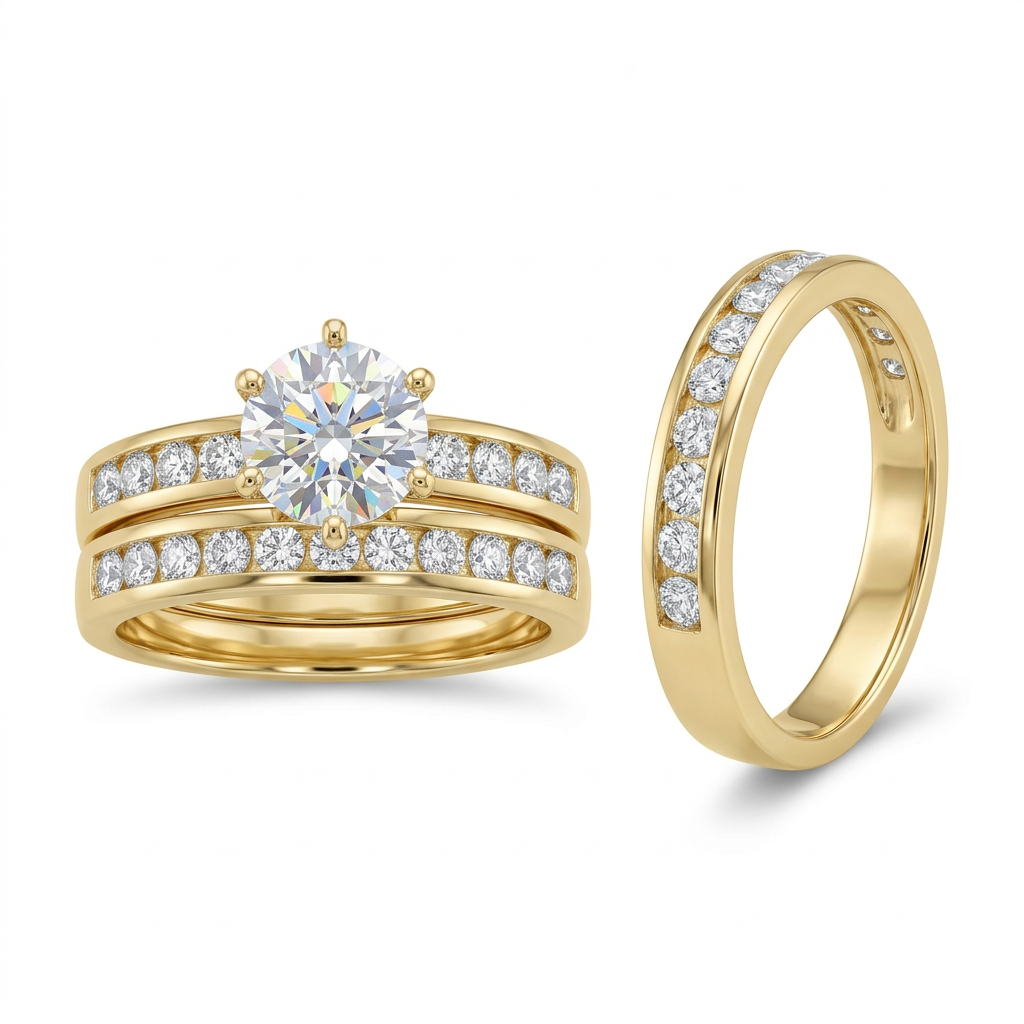 10K gold cubic zirconia trio ring set with stacked women's rings and one separate band on white