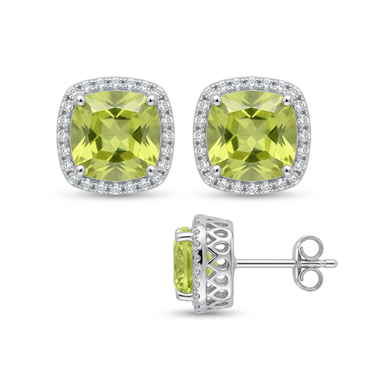 Sterling Silver Yellow-Green CZ Halo Stud Earrings with Rhodium Finish
