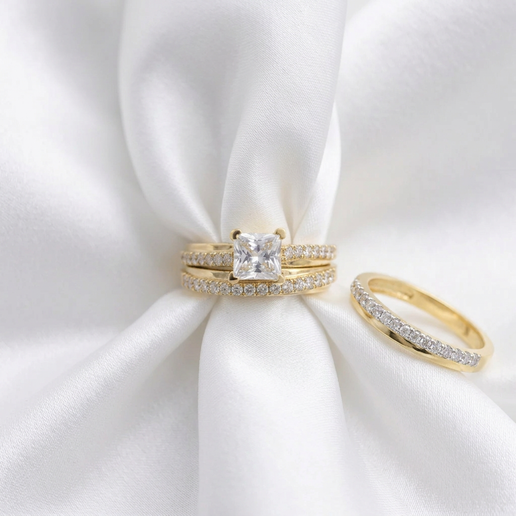 10kt gold square-center CZ bridal trio set with all three rings on white satin