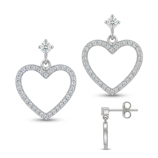 Sterling Silver CZ Open-Heart Drop Earrings