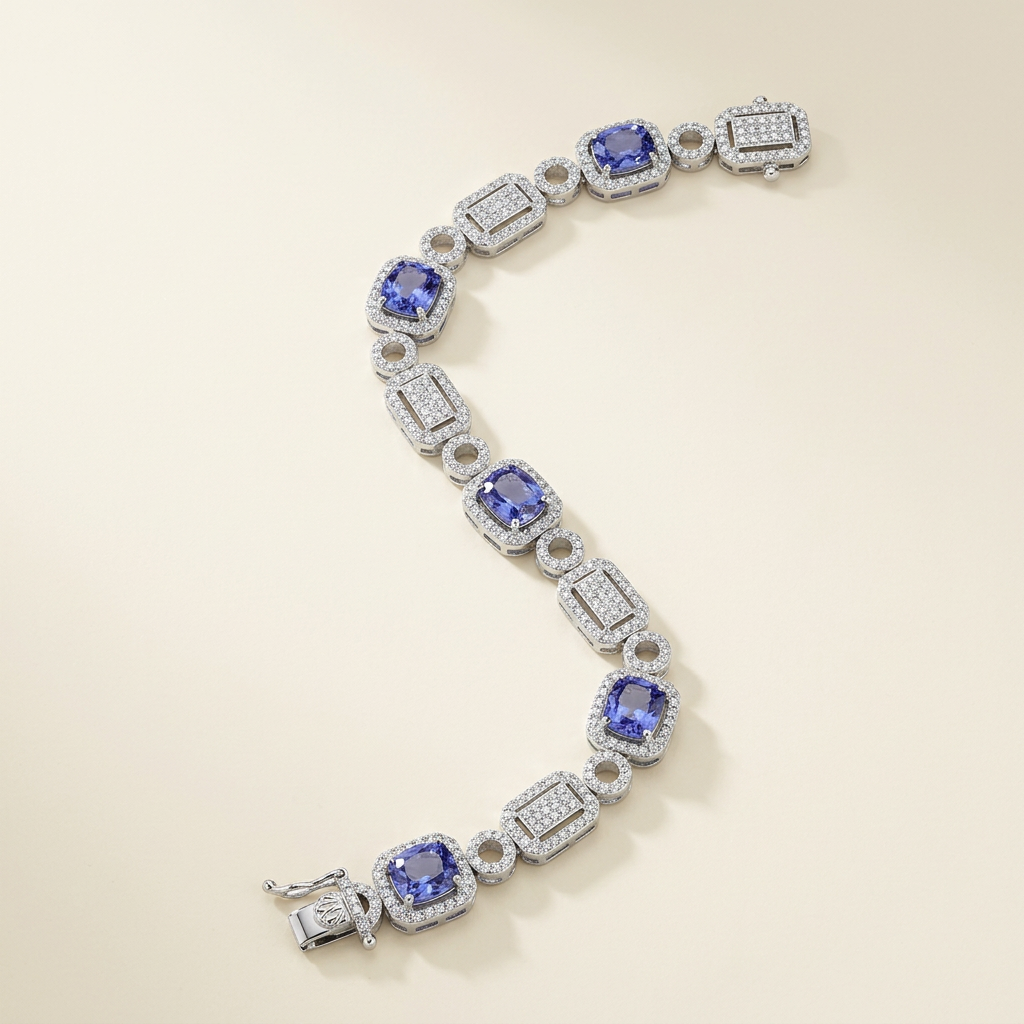 Blue-Violet Halo Link Bracelet in Rhodium-Plated Sterling Silver