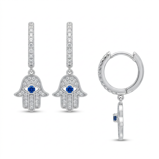 Sterling Silver CZ Hamsa Hoop Earrings with Rhodium Finish