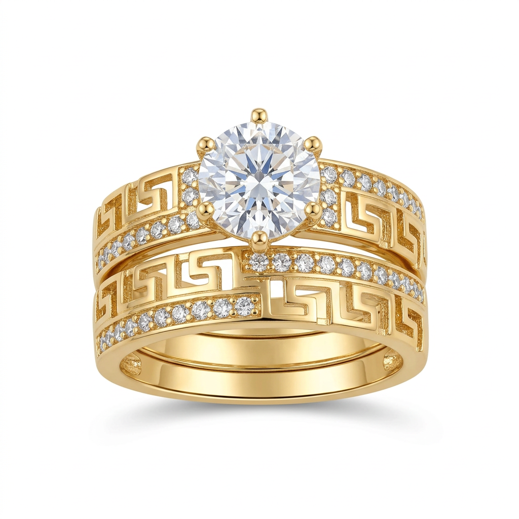 10K yellow gold Greek-key CZ bridal ring set