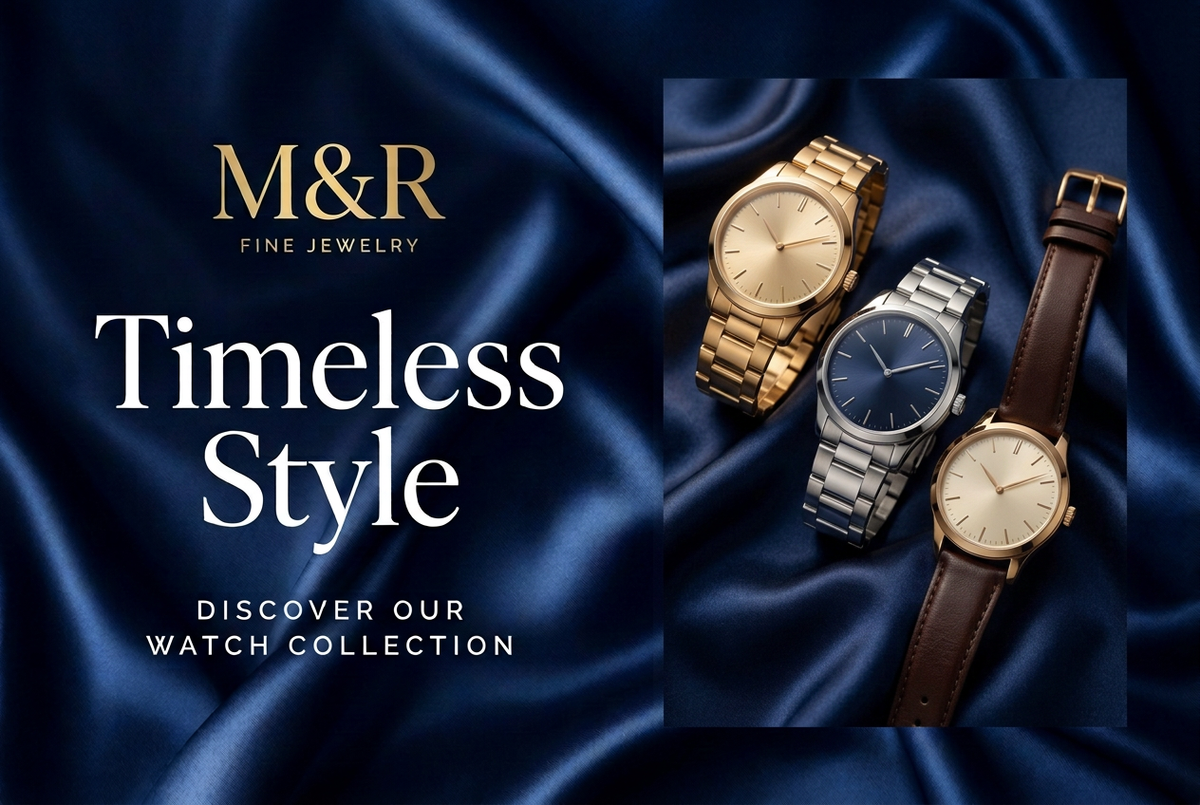 M&R Fine Jewelry poster featuring three watches on navy satin