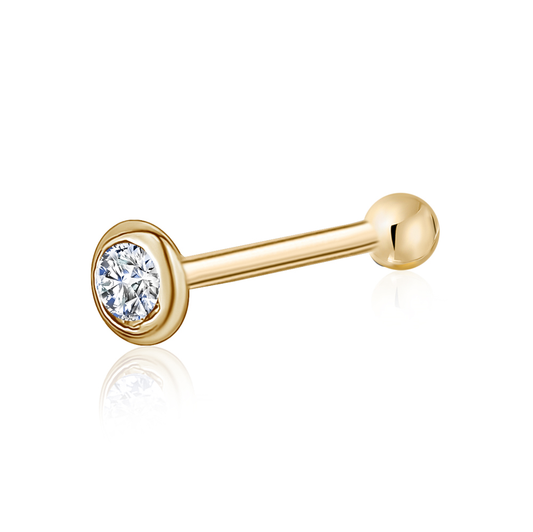 Solid Gold Bezel CZ Nose Stud, 20 Gauge
